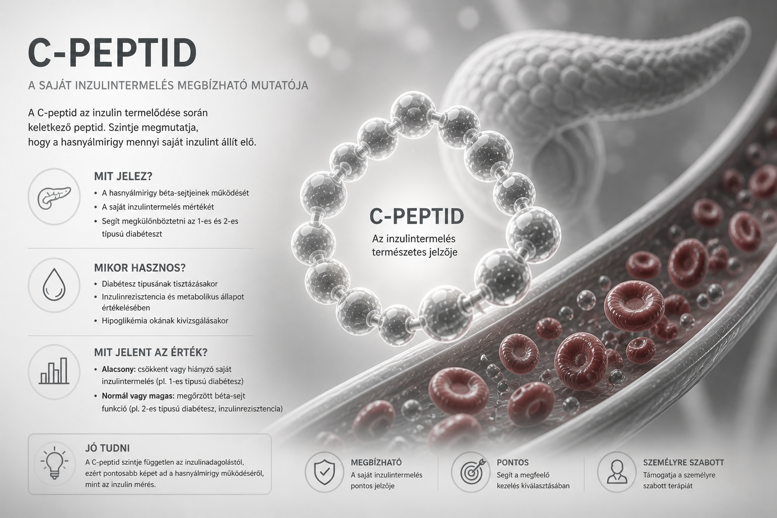 C-peptid infografika: a hasnyálmirigy béta-sejtjeinek működése, a saját inzulintermelés mutatója és a cukorbetegség típusainak elkülönítése