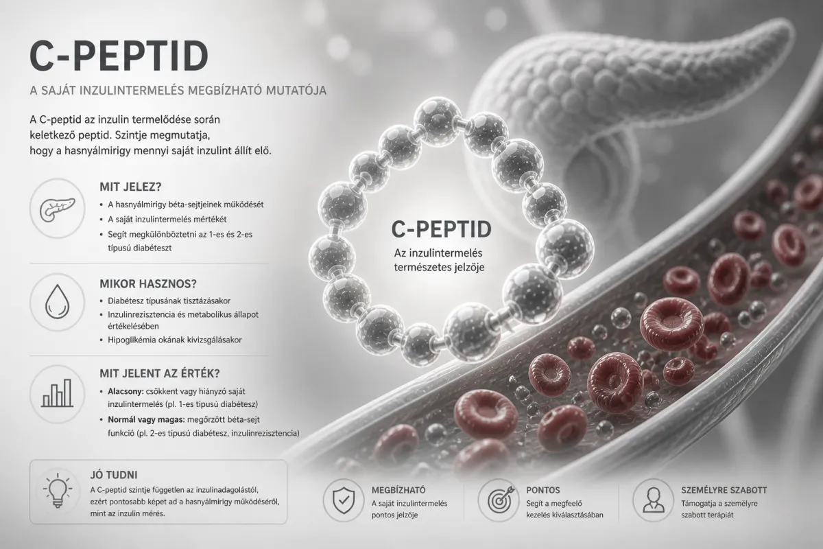 C-peptid infografika: a hasnyálmirigy béta-sejtjeinek működése, a saját inzulintermelés mutatója és a cukorbetegség típusainak elkülönítése